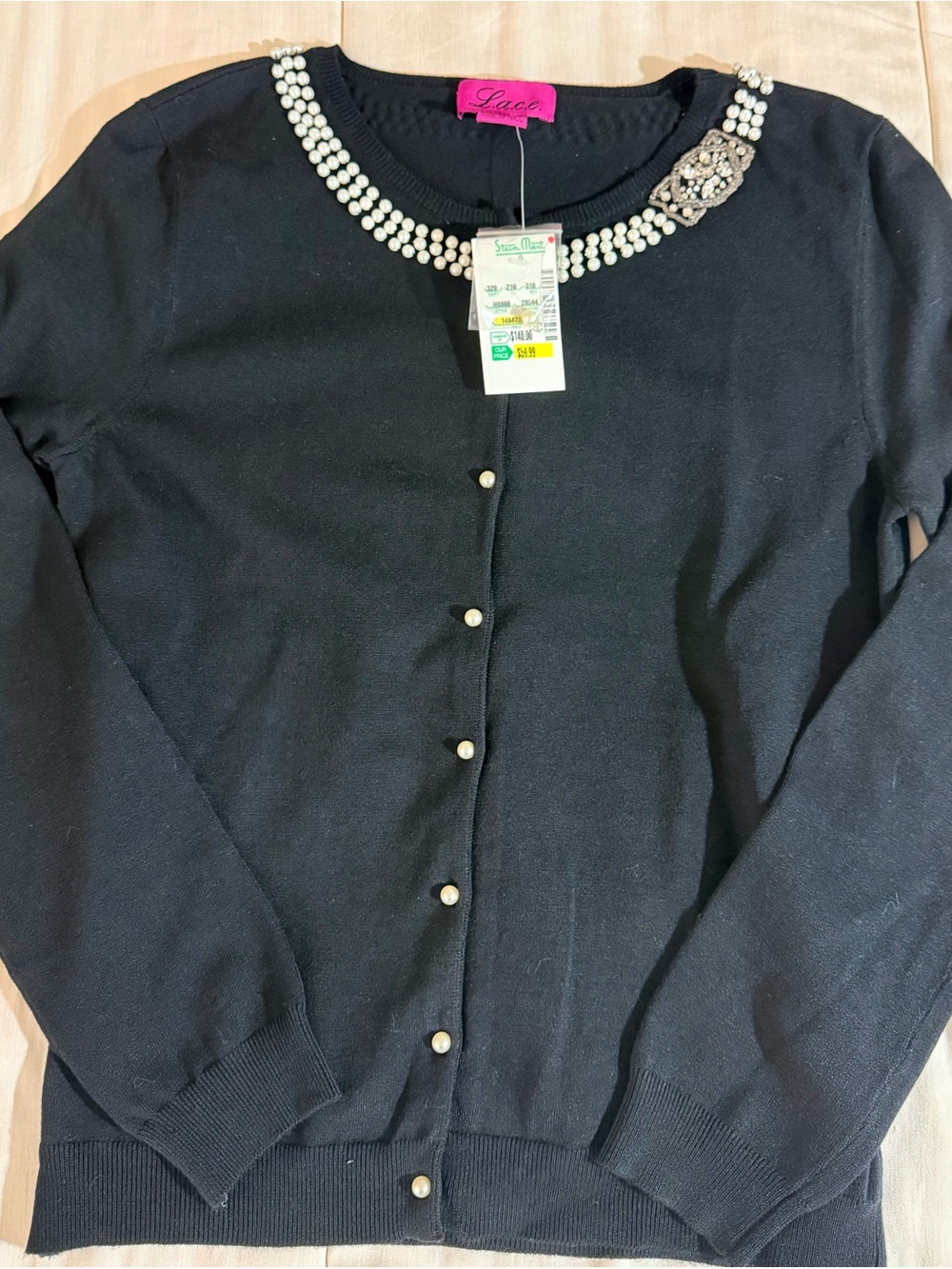 Vintage NWT LACE black cardigan 50’s inspired silk blend pearl rhinestones chic - Picture 6 of 11